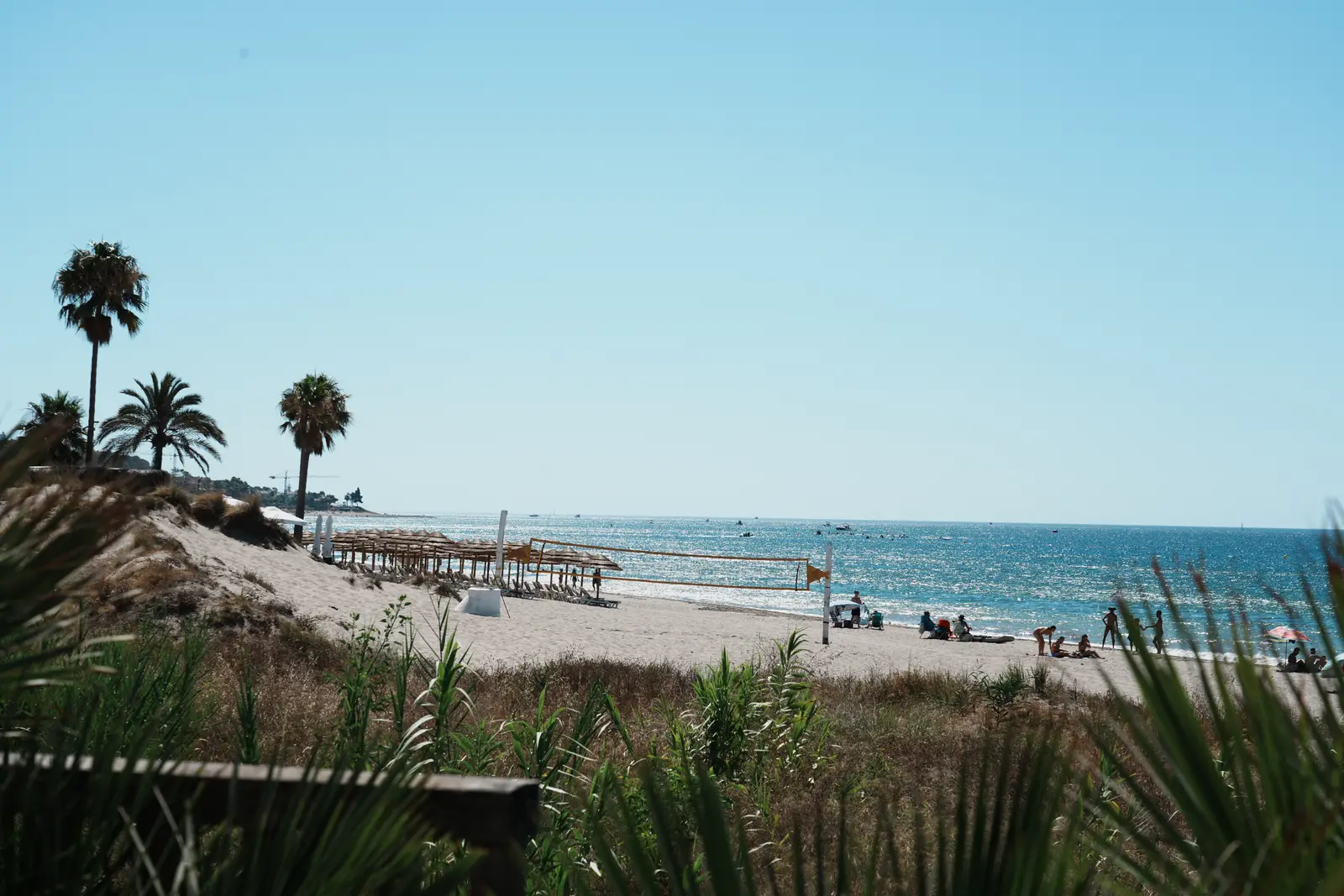 Beach and parasols framed by the Artola sand dunes near Marbella