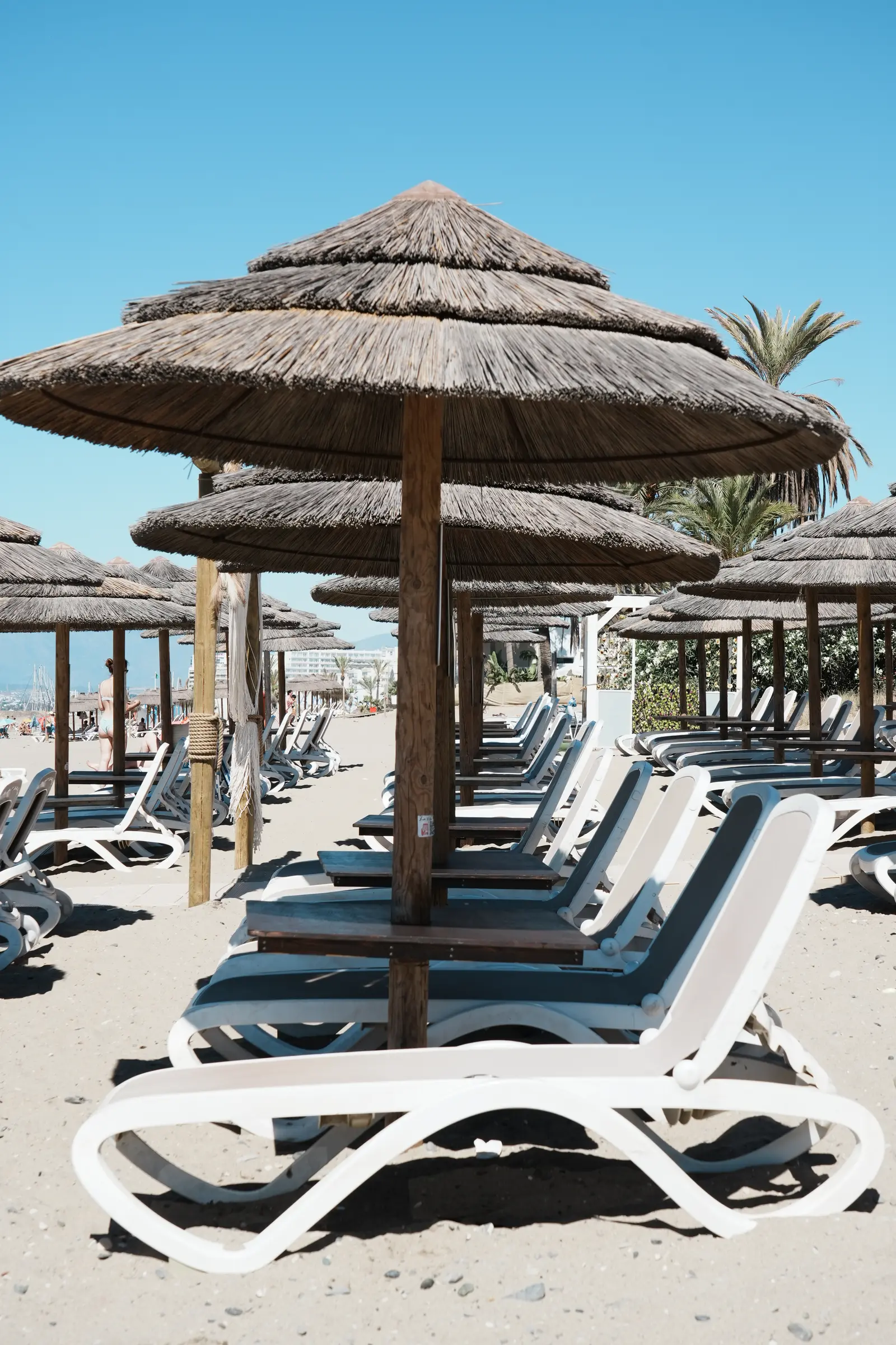 Rows of thatched parasols and sun loungers on the beach near Marbella