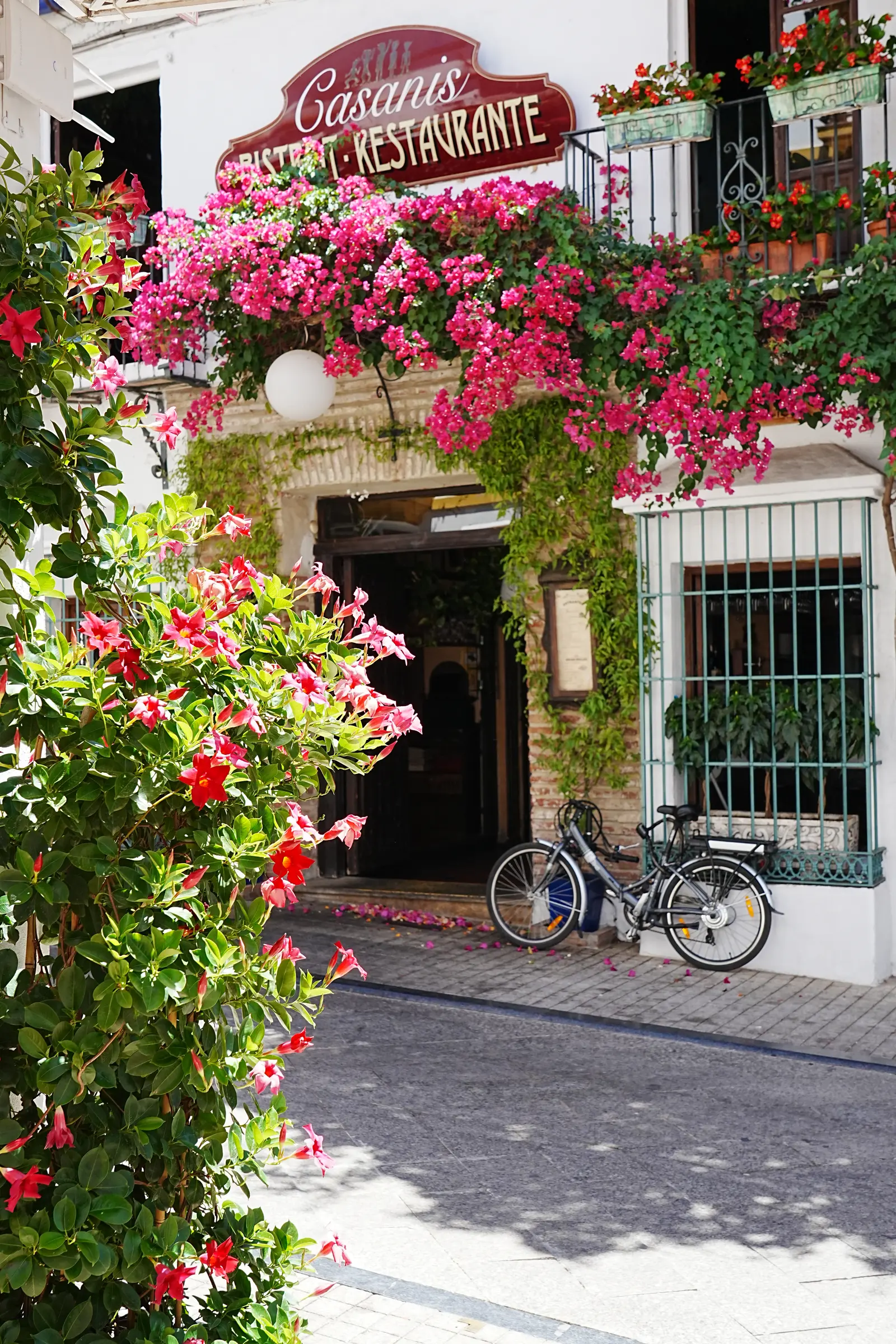 Casanis restaurant in Marbella with flowers and bikes outside