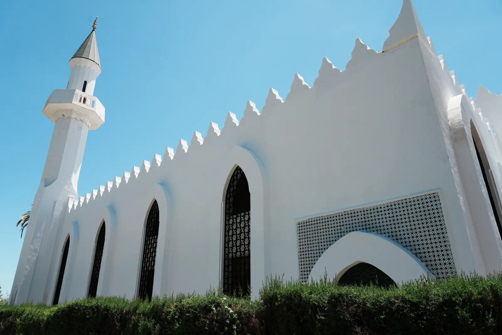 The white Moorish-style King Abdulaziz Mosque and minaret on Marbella's Golden Mile