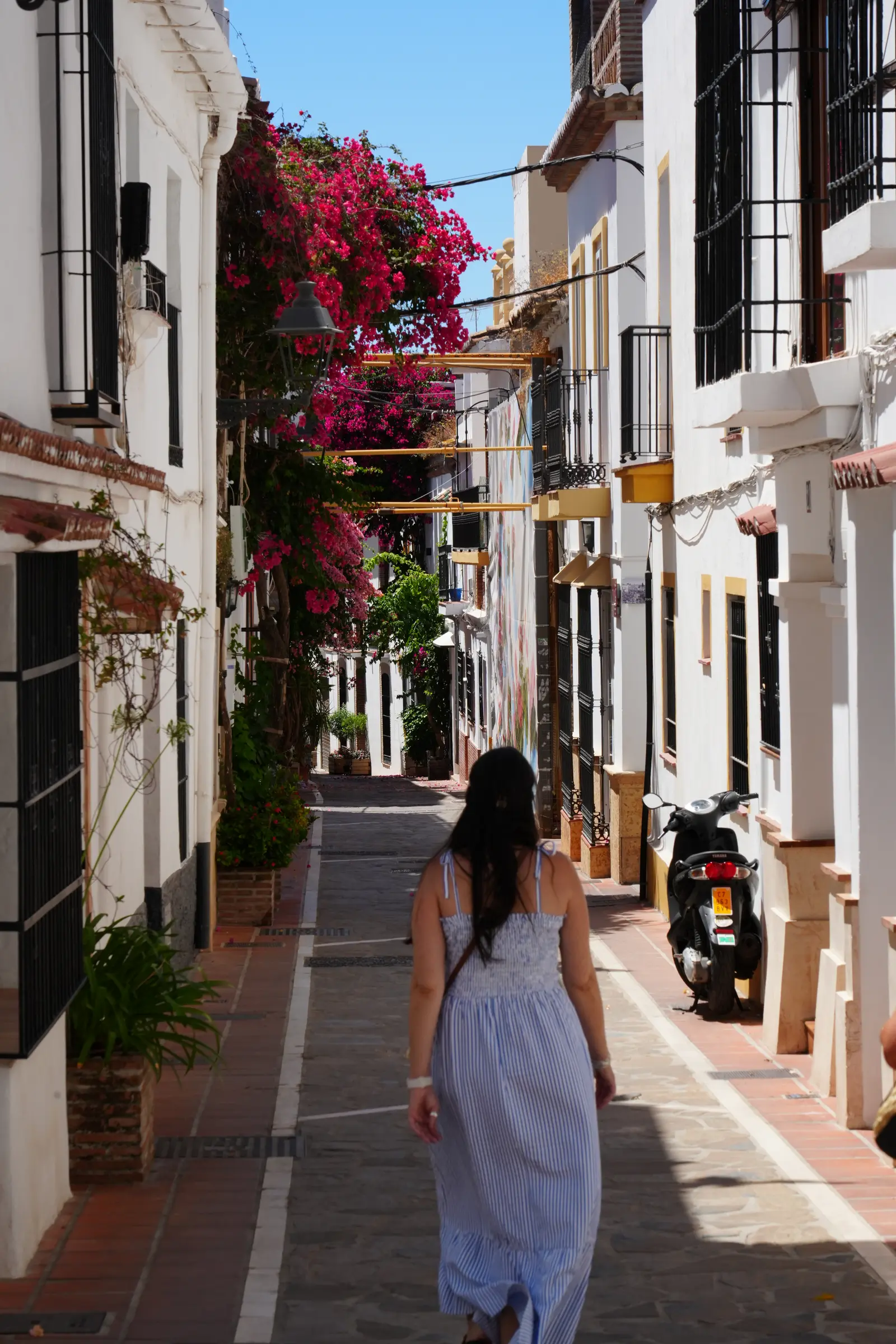 Whitewashed Marbella Old Town alley draped in pink bougainvillea