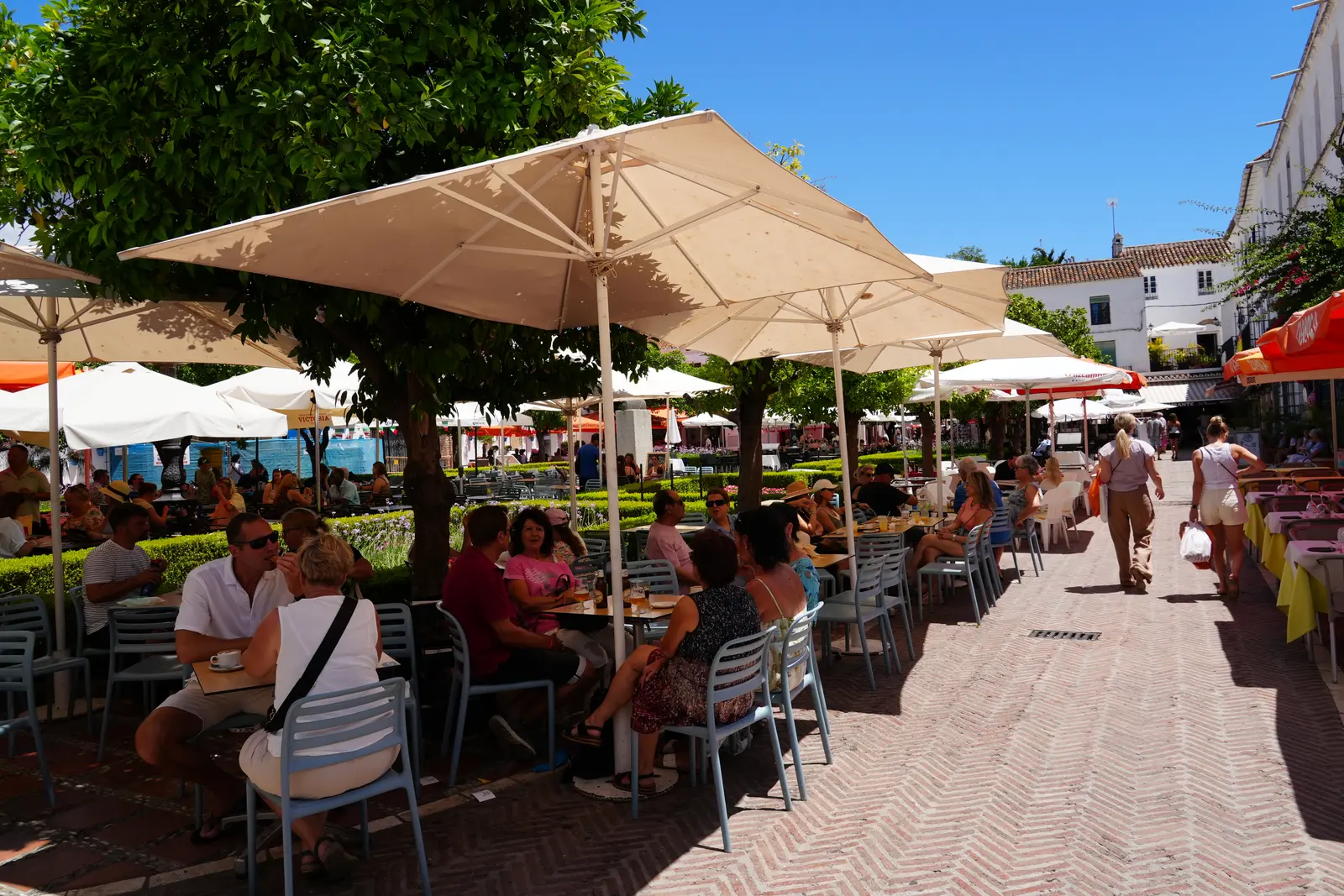 Orange trees and outdoor dining at Plaza de los Naranjos in Marbella Old Town