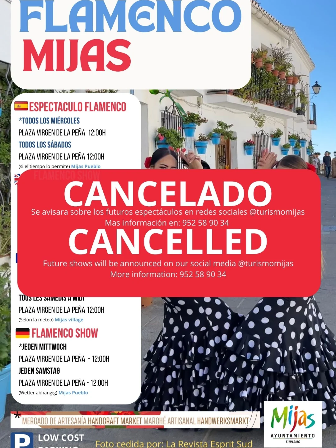 Cancelled flamenco show notice at Plaza de la Constitución in Mijas Pueblo