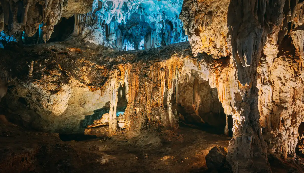 Stalactite and stalagmite formations inside the Cueva de Nerja cave system