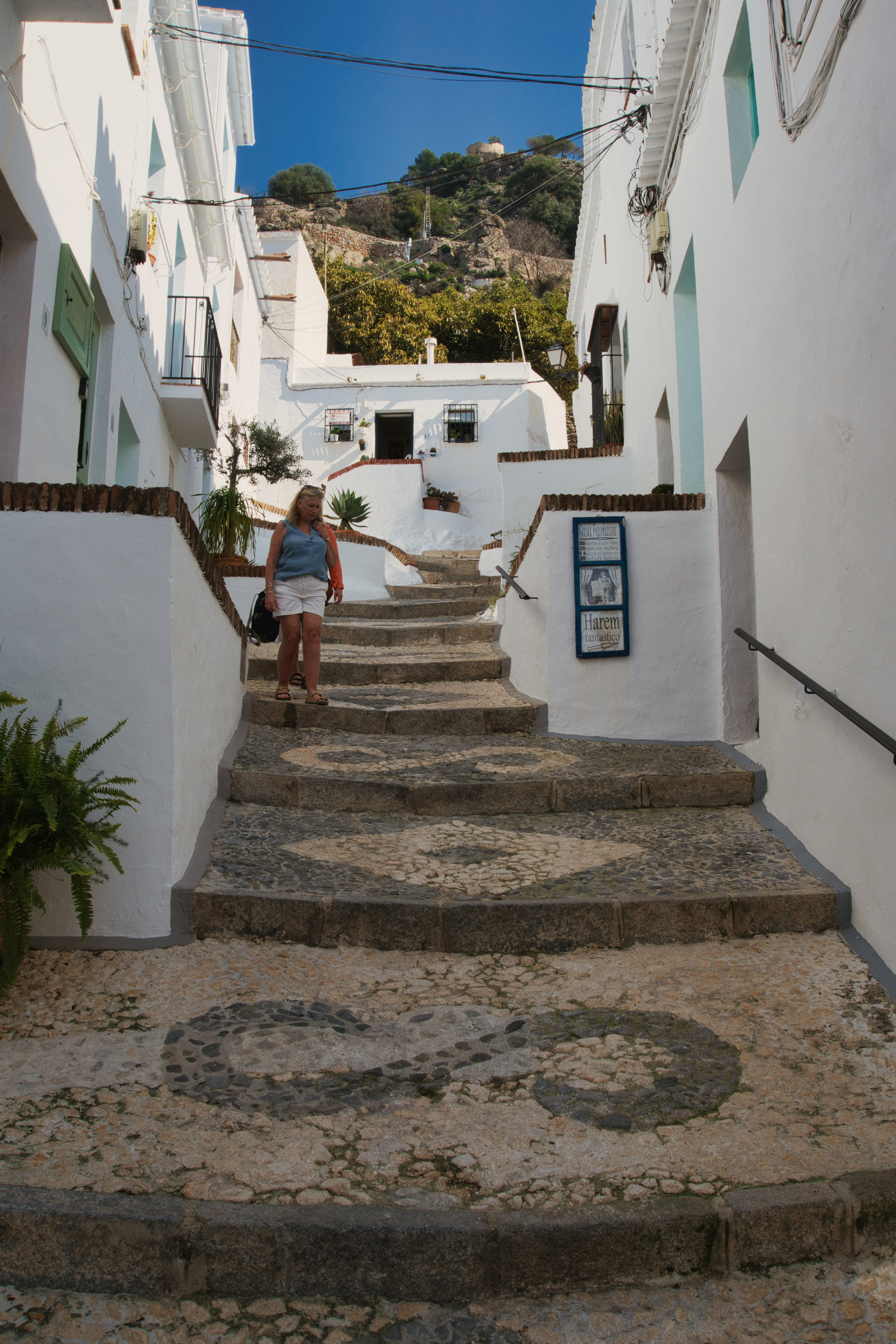 A cobbled stairway alley with mosaic pebble patterns in Frigiliana