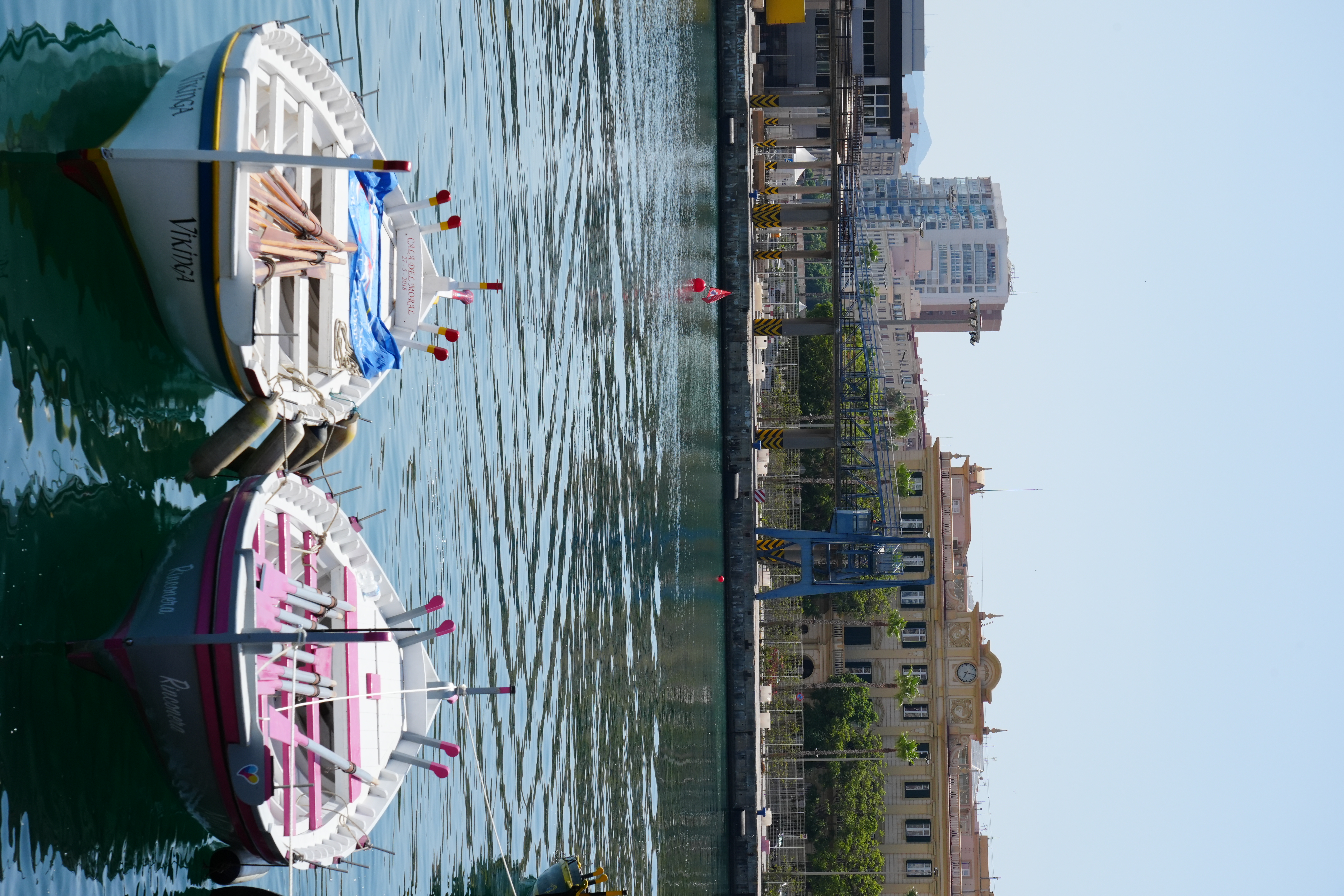 Traditional jabega boats moored in Malaga's harbour before the race