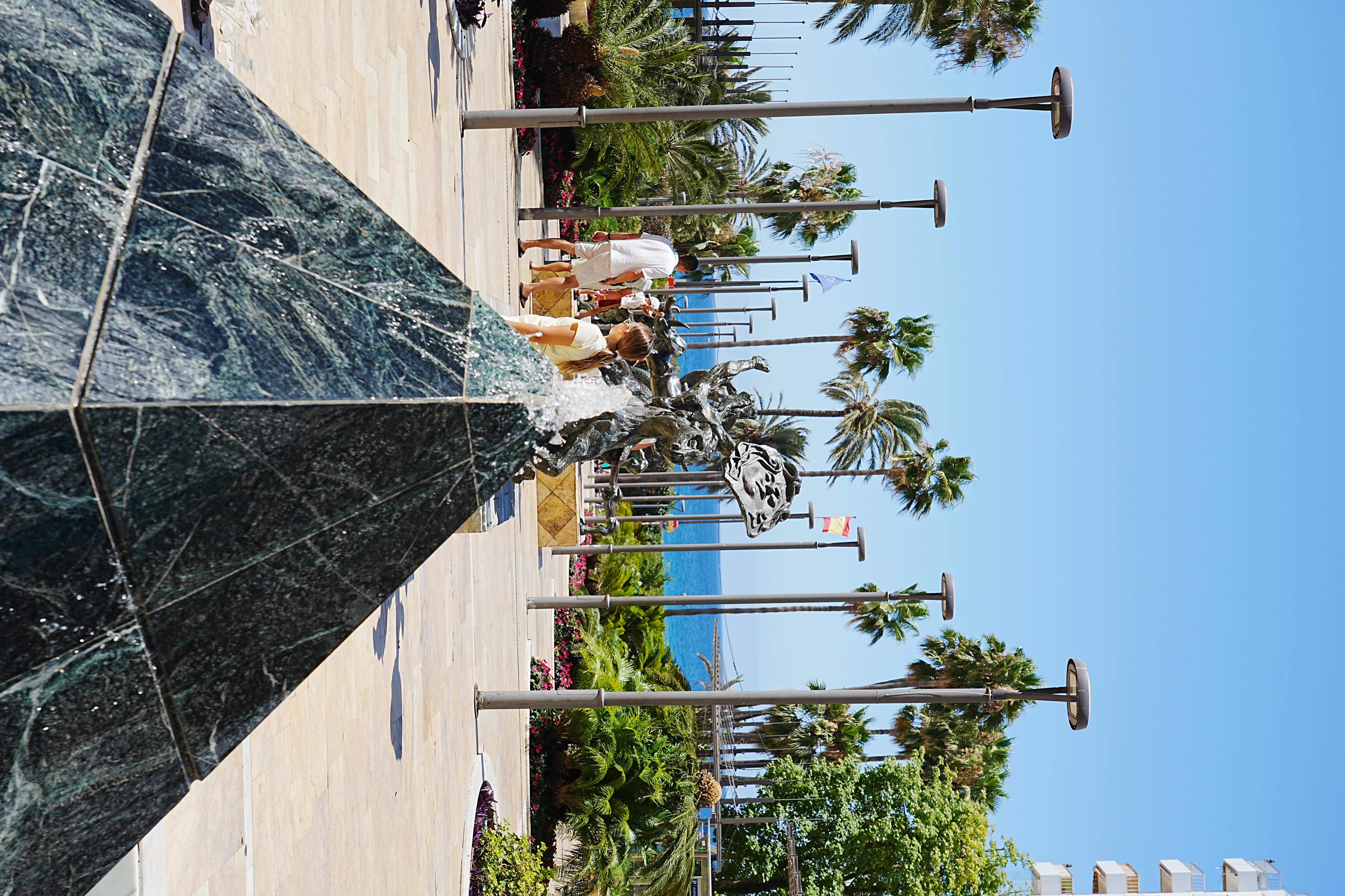 A bronze fountain sculpture along Avenida del Mar in Marbella