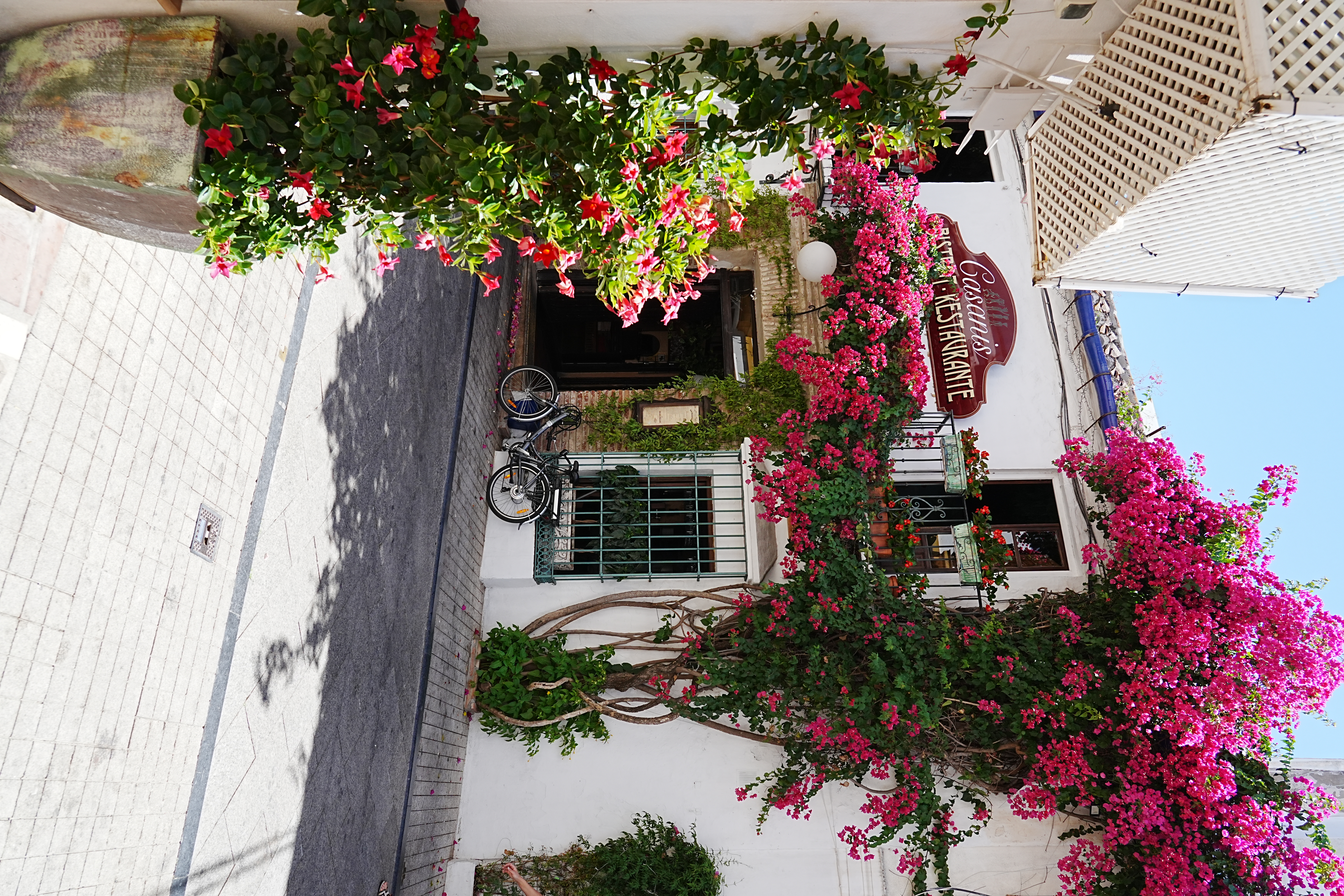 A bougainvillea-covered restaurant facade in Marbella with a bicycle parked outside