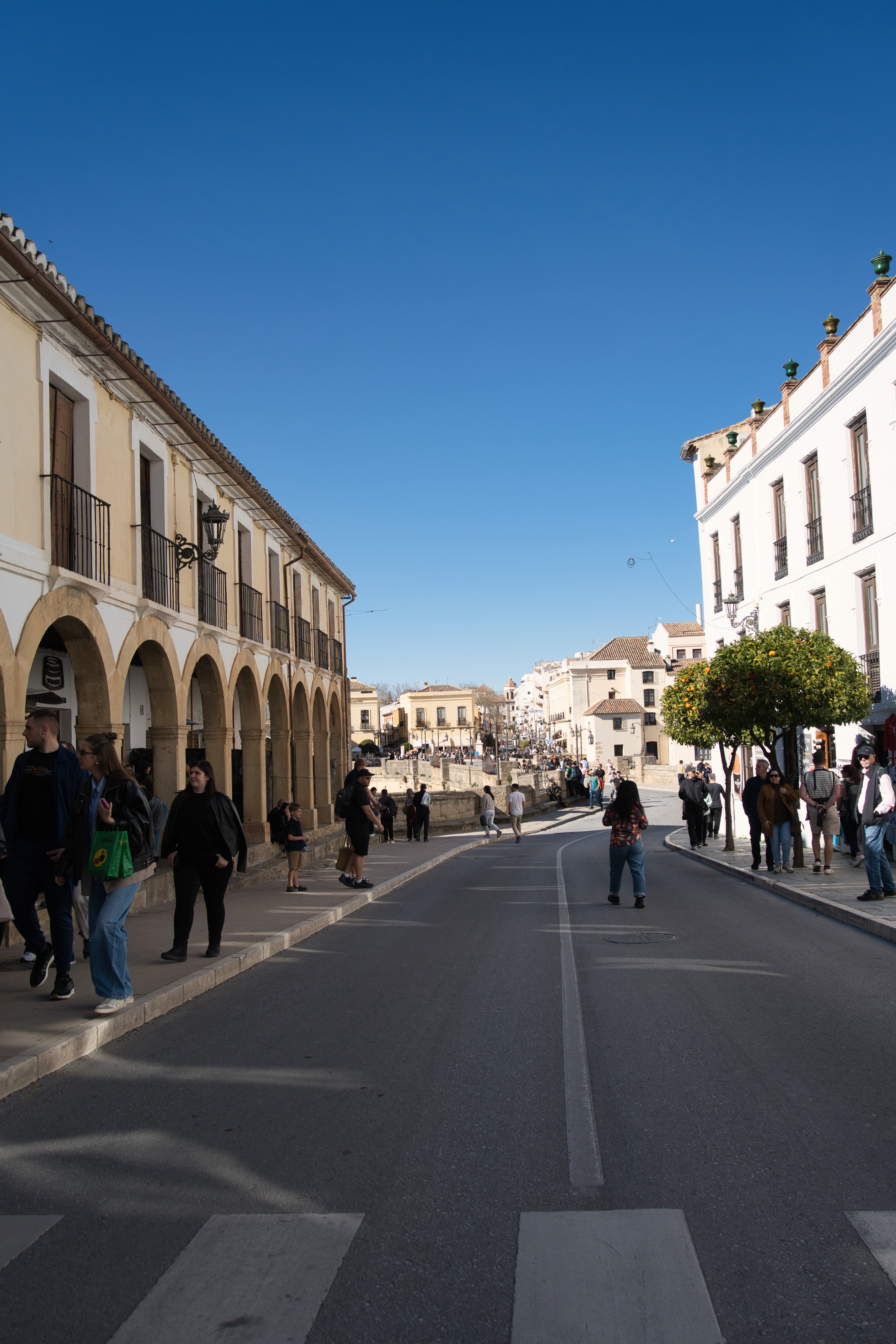 A street in Ronda's old town lined with arcades and an orange tree
