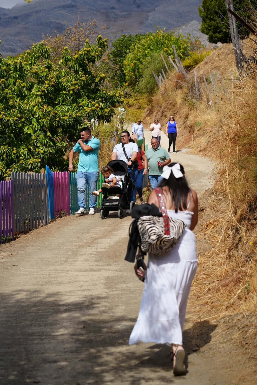 Heidi in a white sundress walking up the trail towards a group of families with pushchairs, beside a colourful painted fence