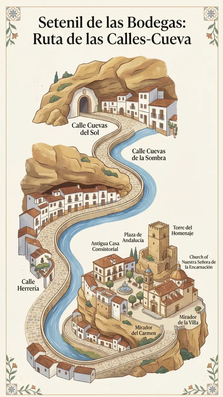Walking route infographic for Setenil de las Bodegas cave street circuit