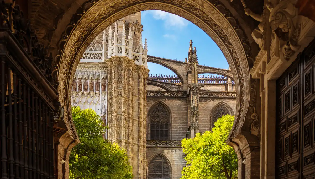 Ornate Moorish archway inside the Real Alcázar palace in Seville