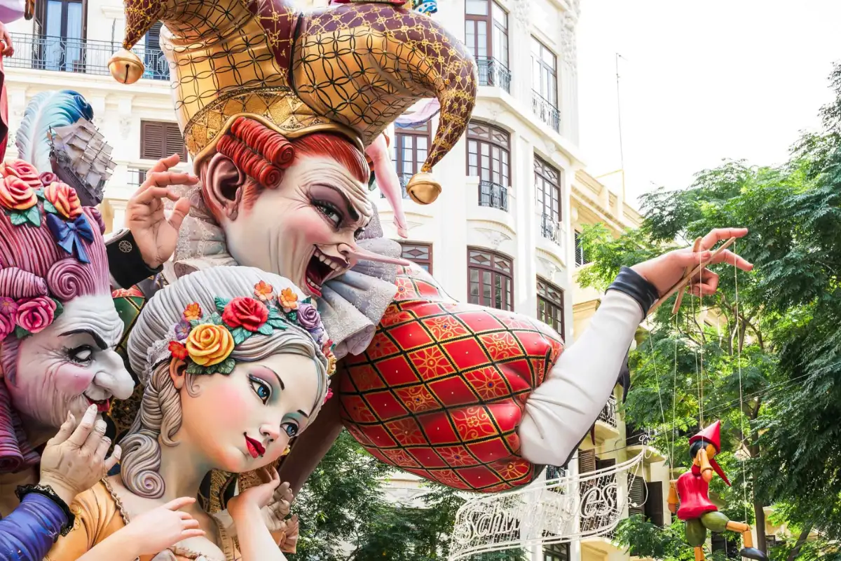 Enormous falla sculpture burning in the streets of Valencia during Las Fallas festival