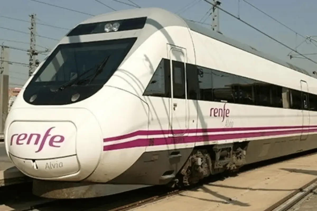 Renfe train viewed from a platform at a Spanish railway station