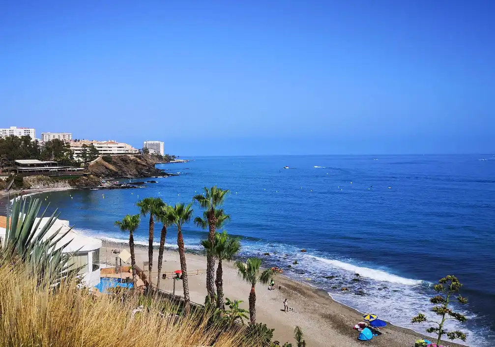 Aerial view of Playa de Arroyo Hondo natural cove with palm trees and rocky breakwater