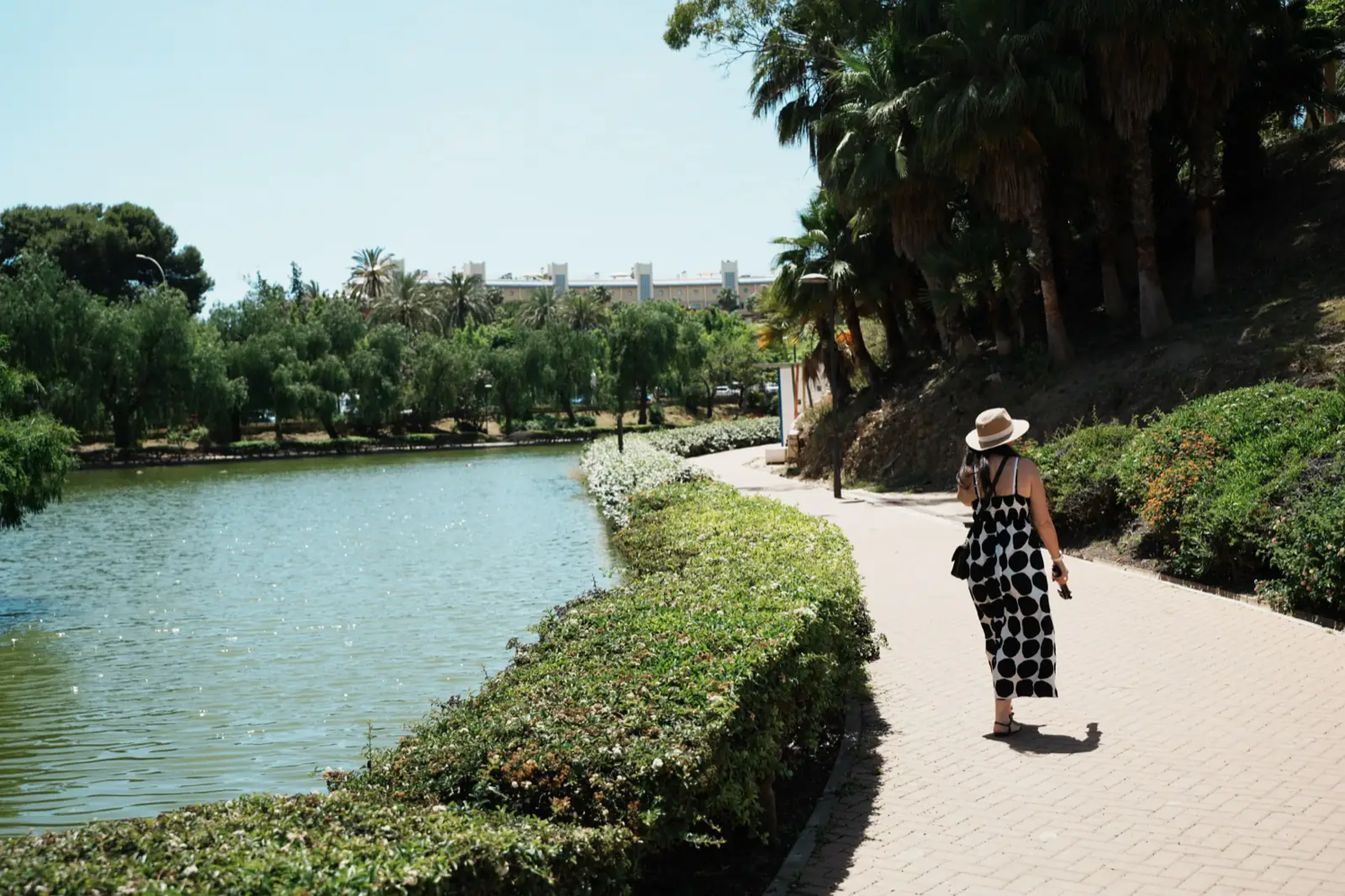 Heidi walking through Parque de la Paloma in Benalmadena