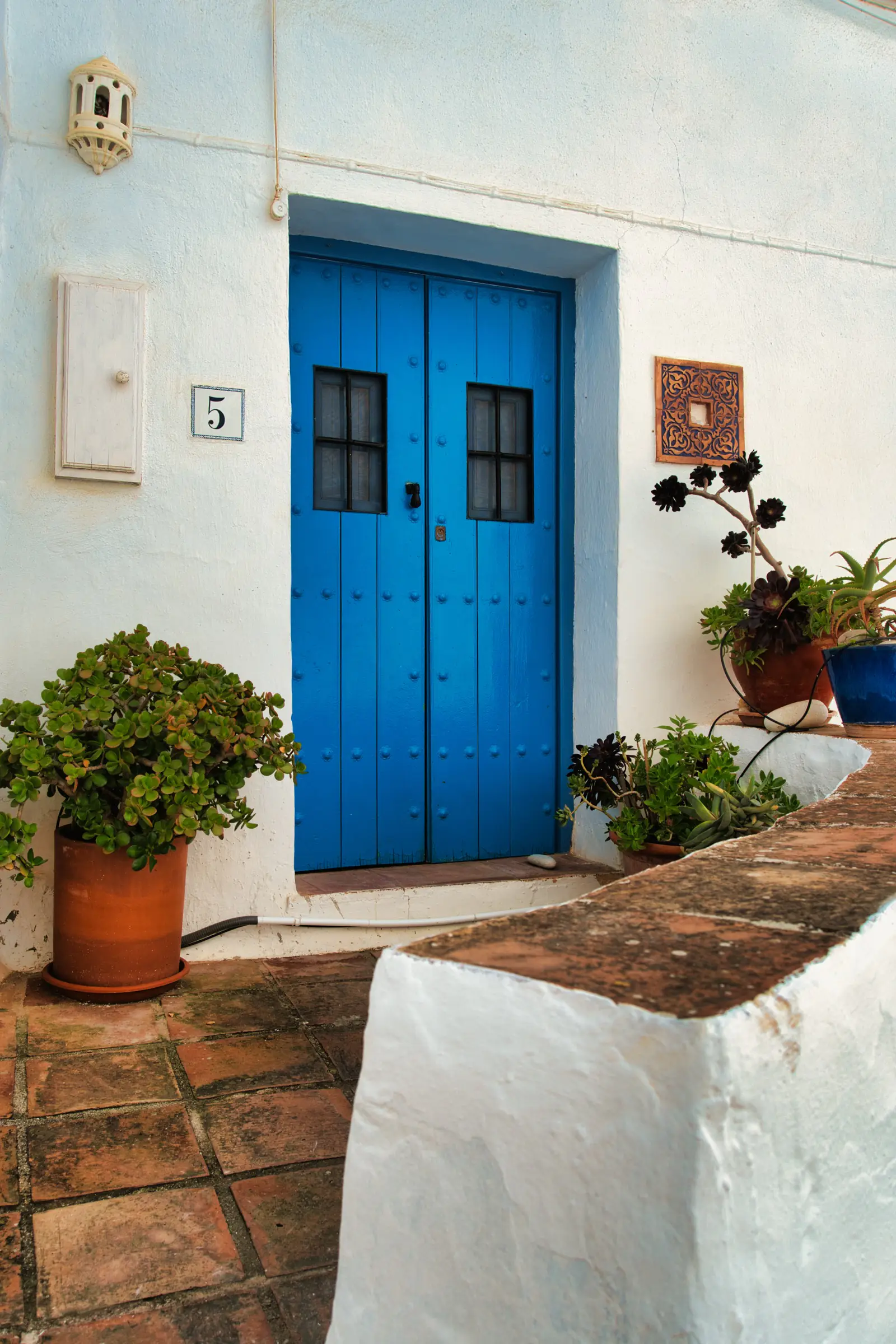 Blue door wider view with whitewashed walls