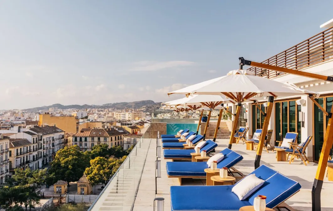 ME Malaga design hotel rooftop with panoramic views over the port and Cathedral