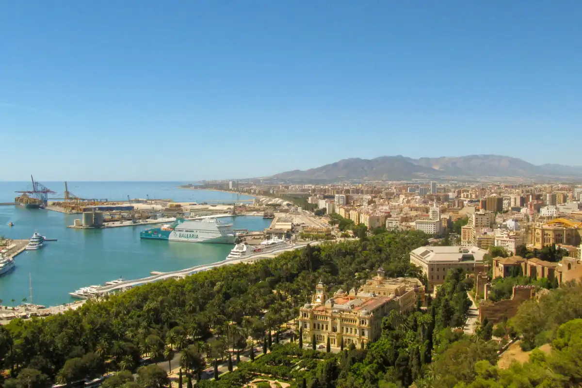 Aerial view of Málaga city centre, port and Parque de Málaga from above