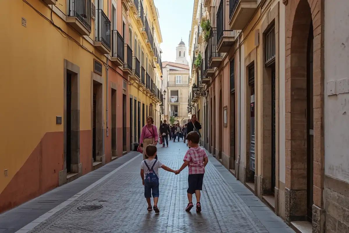 Two children walking hand-in-hand through a pedestrian street in Málaga old town