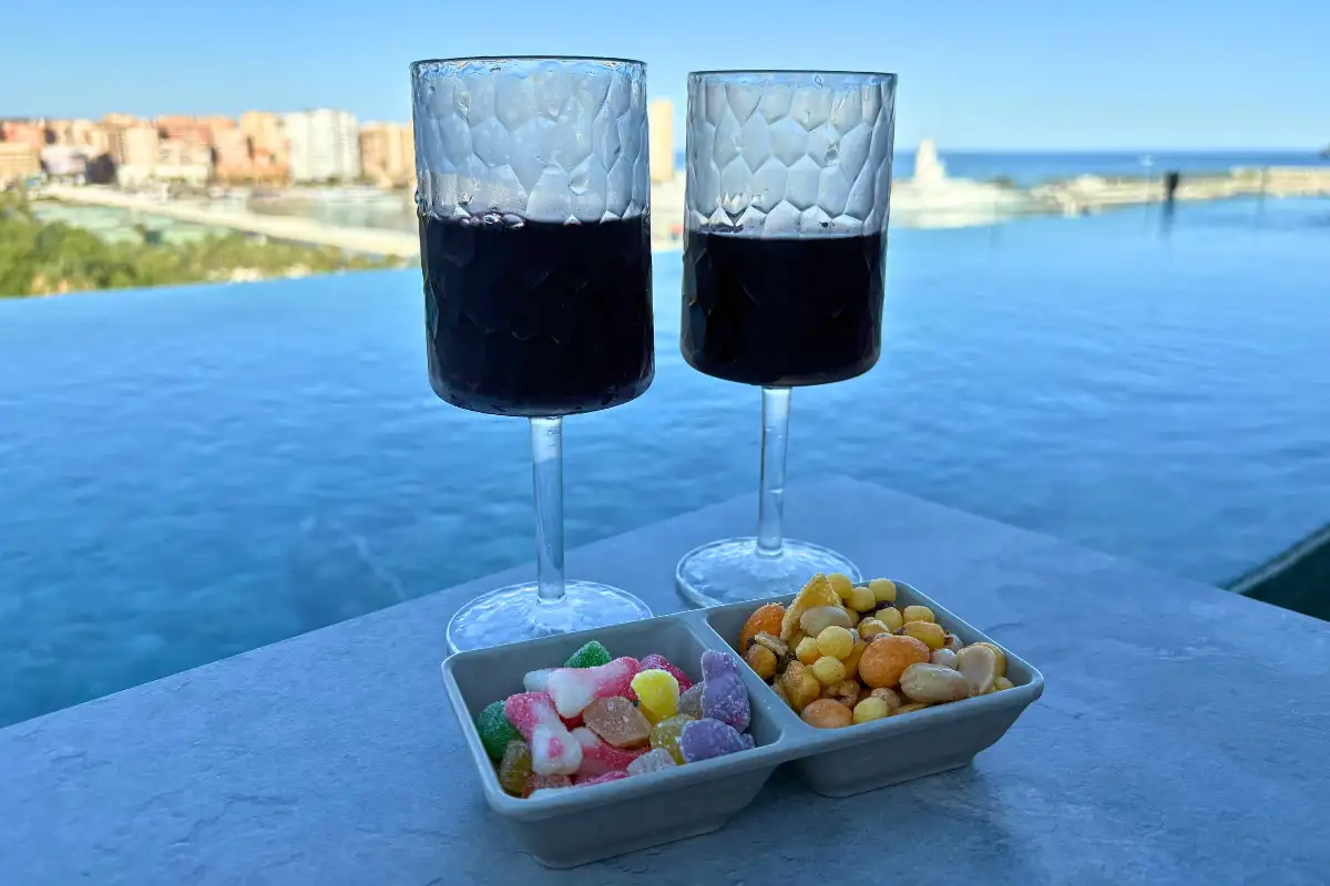Two glasses of wine by the infinity pool edge at Lolita Skyview in Malaga, with the coastline and Mediterranean stretching out behind