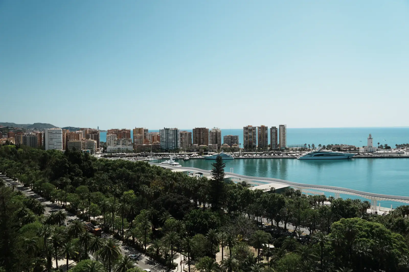 View of Malaga harbour from above in winter light