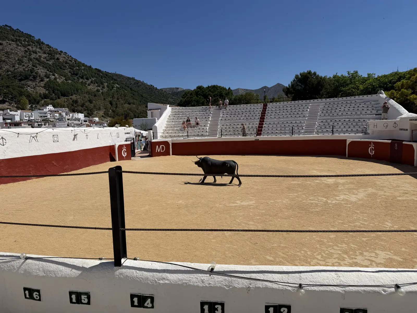 Wide view of the oval bullring in Mijas Pueblo