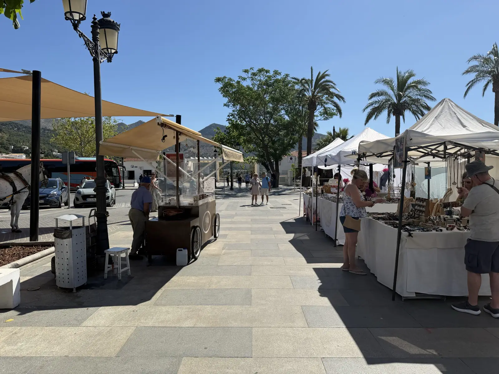 The craft market in Mijas Pueblo with a nut seller in the foreground