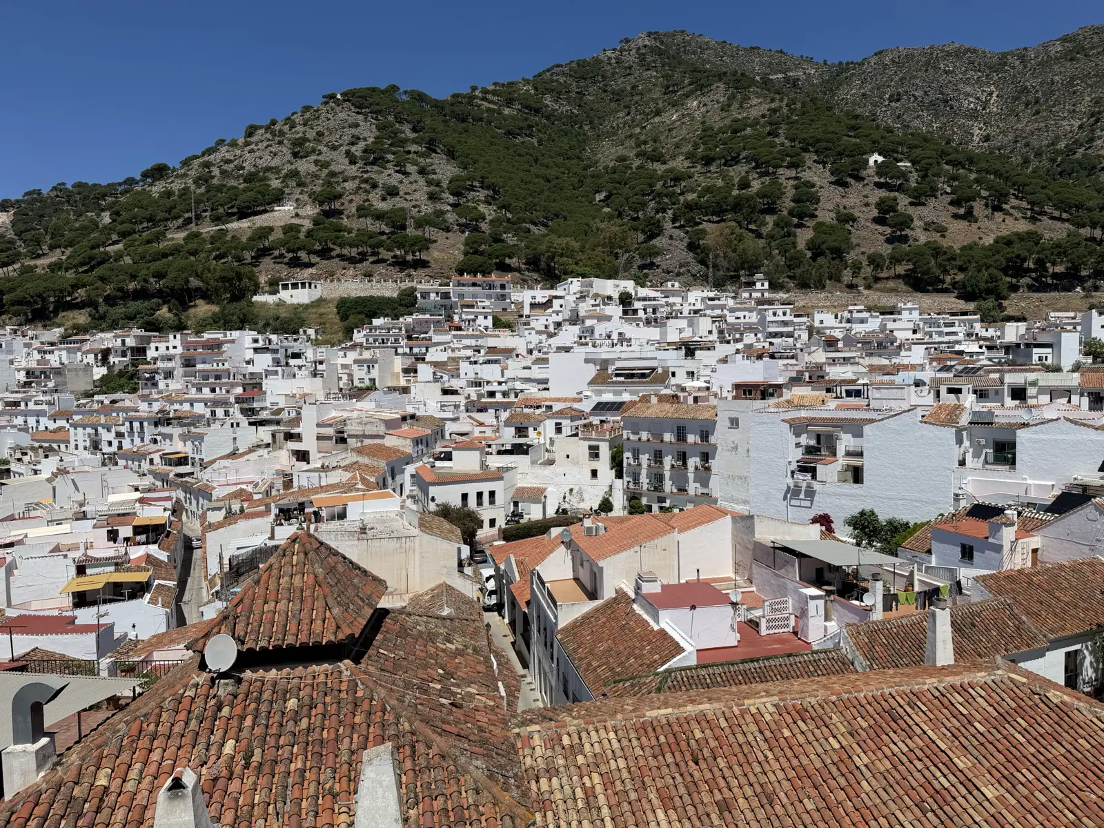 View from the observation tower at Paseo de la Muralla, Mijas Pueblo, looking out over the coast
