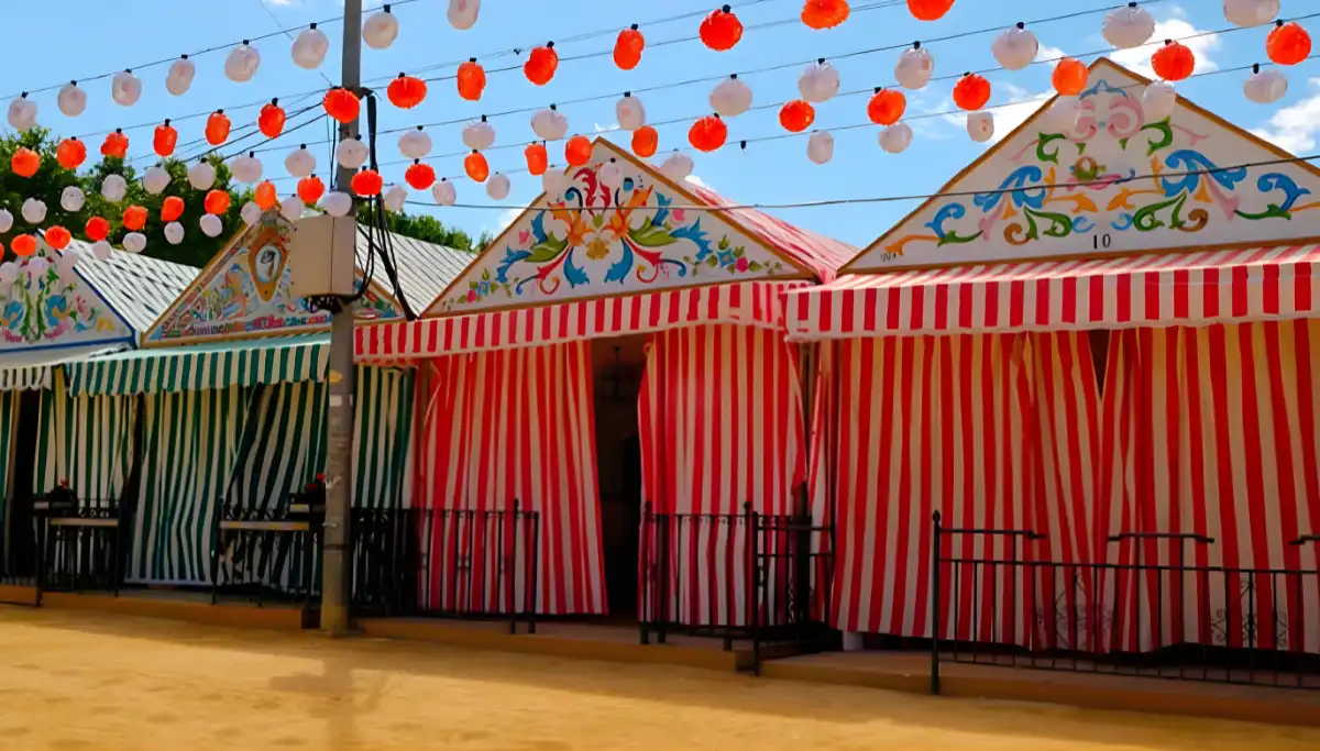 Caseta tents with orange and white paper lanterns at Feria de Abril Seville