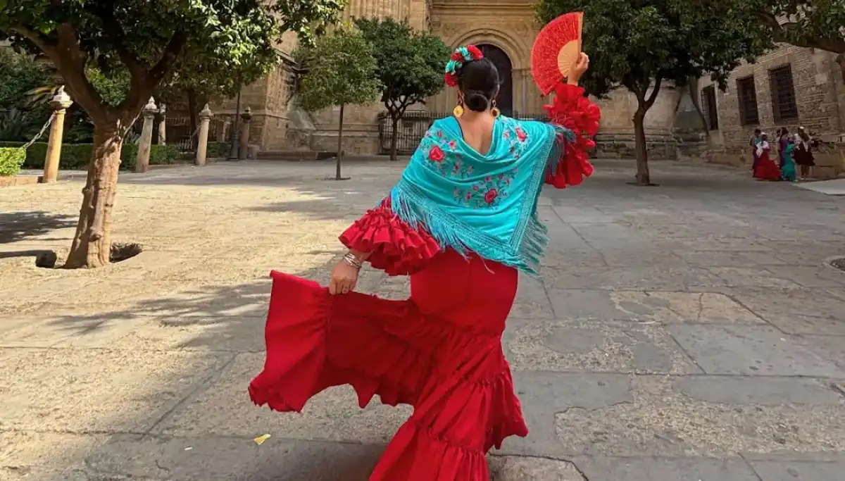 Heidi in a red flamenco dress at Feria de Abril Seville