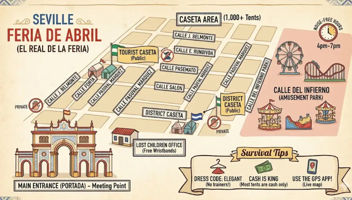 Map of Seville Feria de Abril showing the Real de la Feria layout, public casetas, and Calle del Infierno