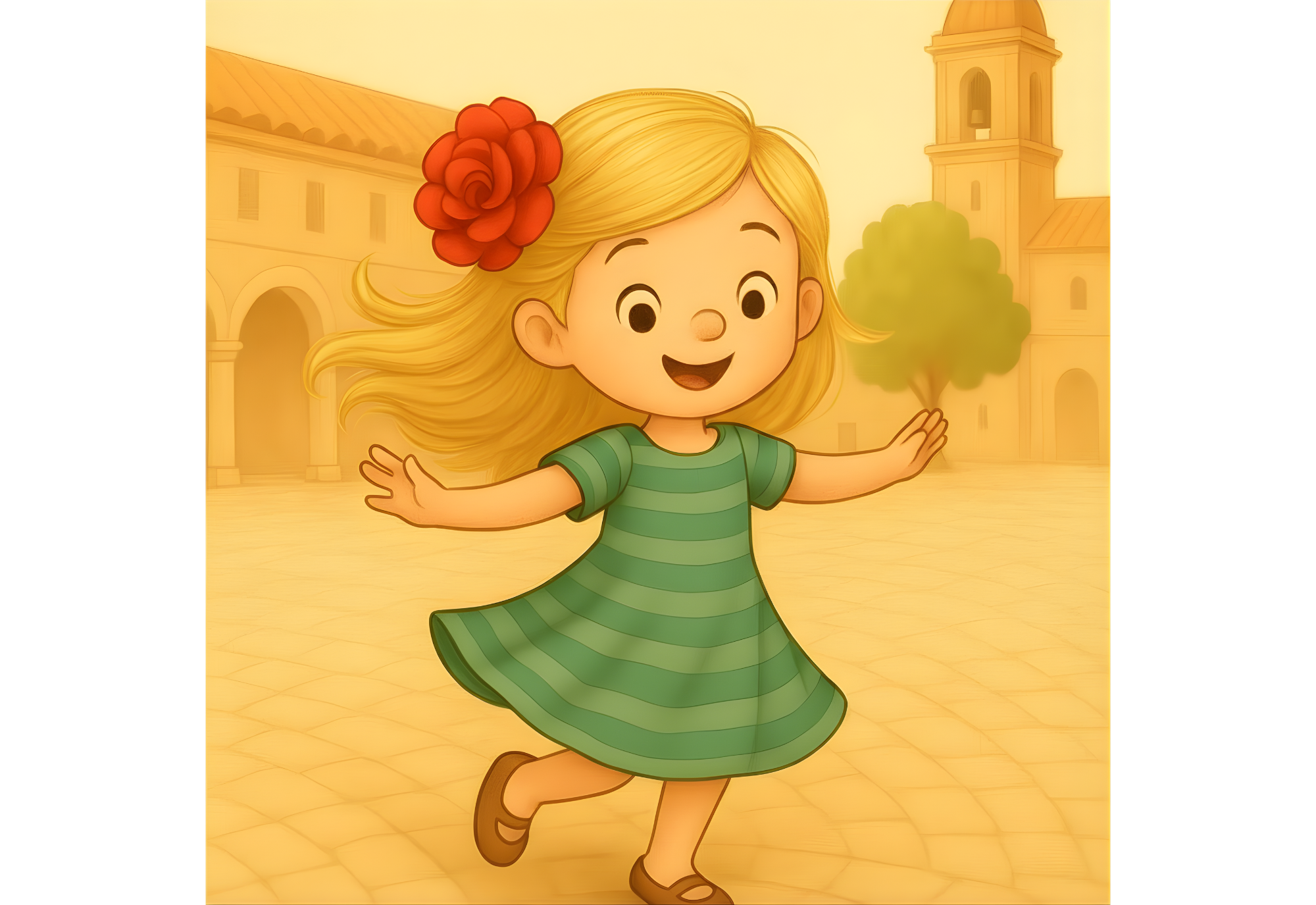 Child dancing in a Malaga plaza illustration